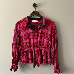 FREE PEOPLE WE THE FREE PACIFIC DAWN PLAID PEPLUM BLOUSE MEDIUM PINK RED